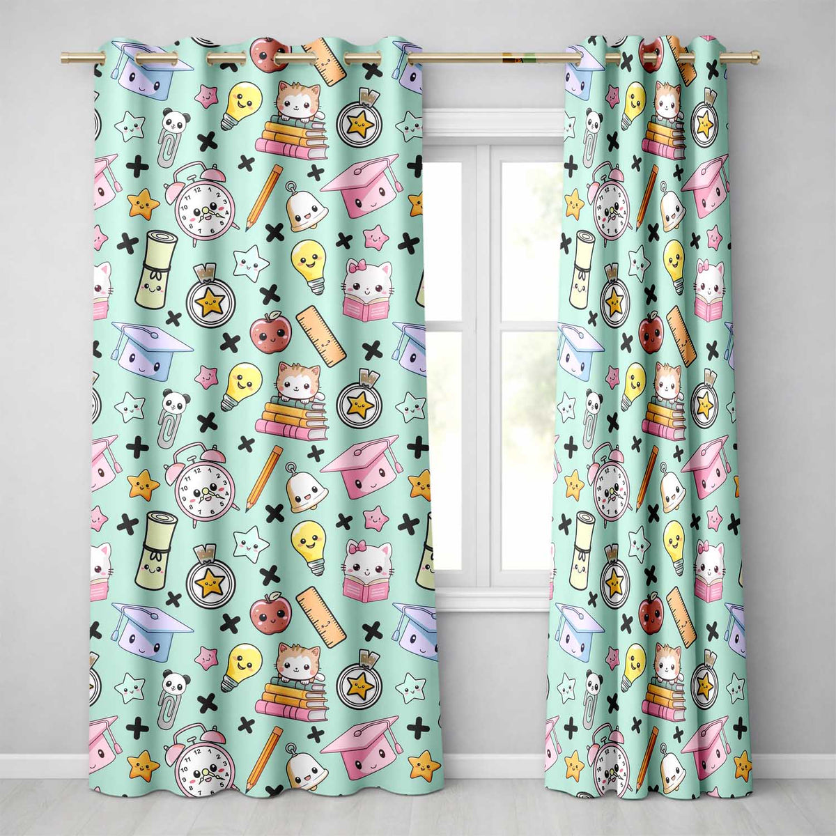 Cute Kawaii School Supplies Cat Books Clock Pencil Green Seamless Pattern  Readymade Eyelet Ring Top Thermal 100% Blackout Curtains