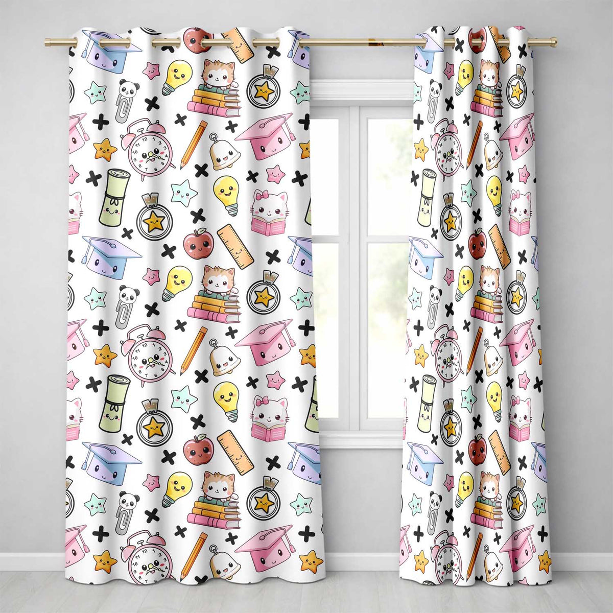 Cute Kawaii School Cat Books Apple Clock Bell Pencil Grey Seamless Pattern  Readymade Eyelet Ring Top Thermal 100% Blackout Curtains