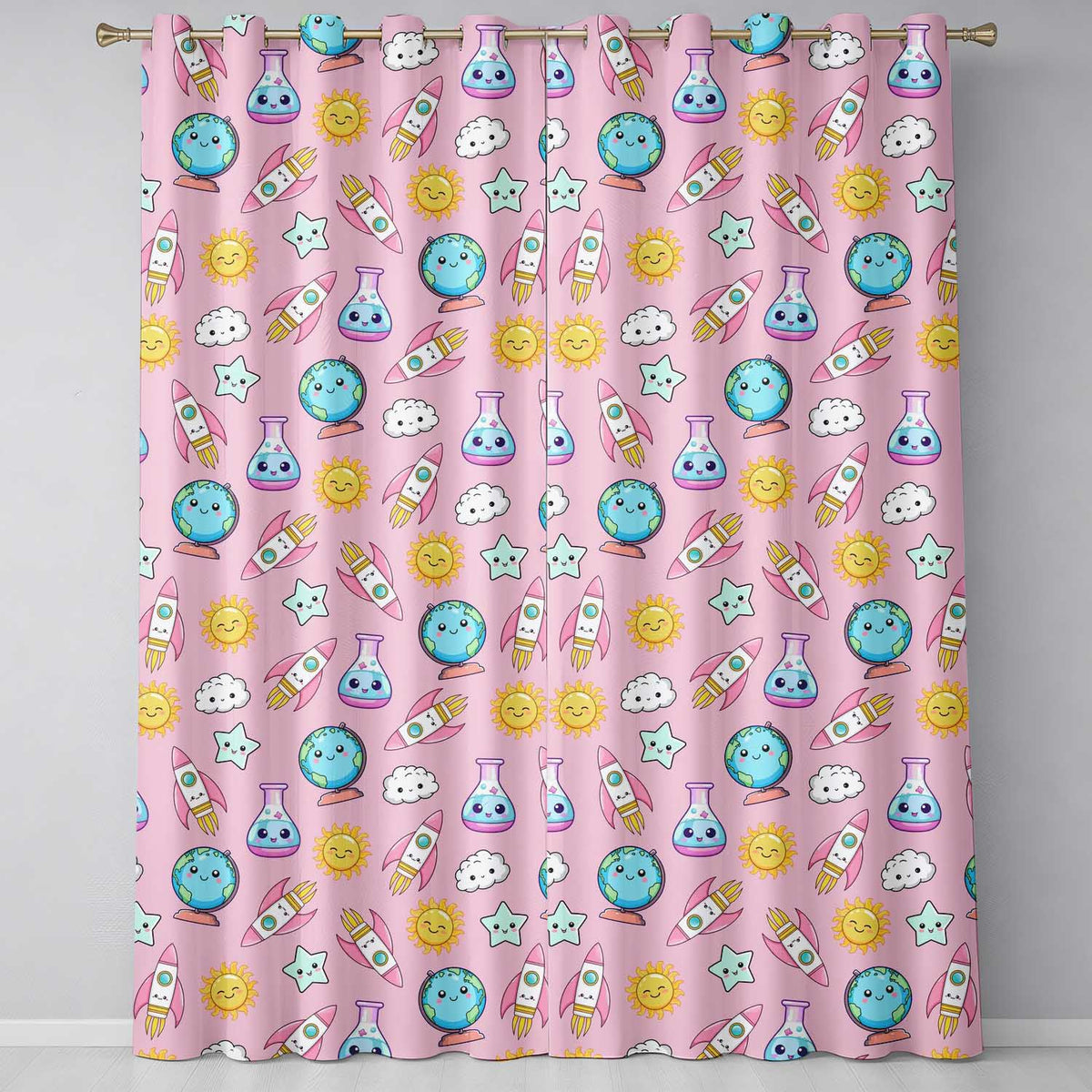 Cute Kawaii Space Rockets Planets Globes Suns Stars Pink Seamless Pattern  Readymade Eyelet Ring Top Thermal 100% Blackout Curtains