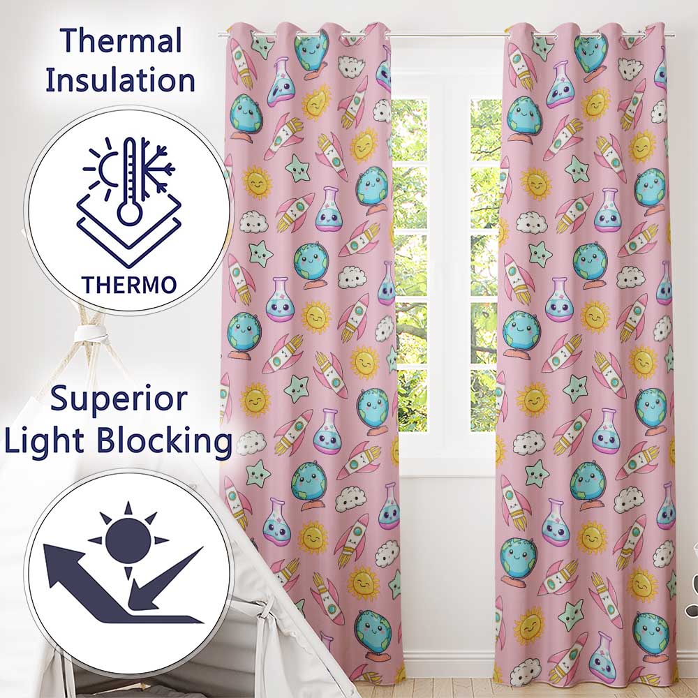Cute Kawaii Space Rockets Planets Globes Suns Stars Pink Seamless Pattern  Readymade Eyelet Ring Top Thermal 100% Blackout Curtains