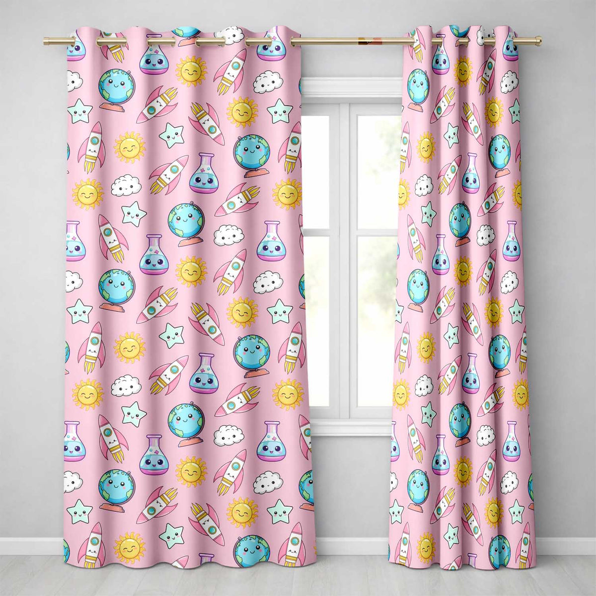 Cute Kawaii Space Rockets Planets Globes Suns Stars Pink Seamless Pattern  Readymade Eyelet Ring Top Thermal 100% Blackout Curtains