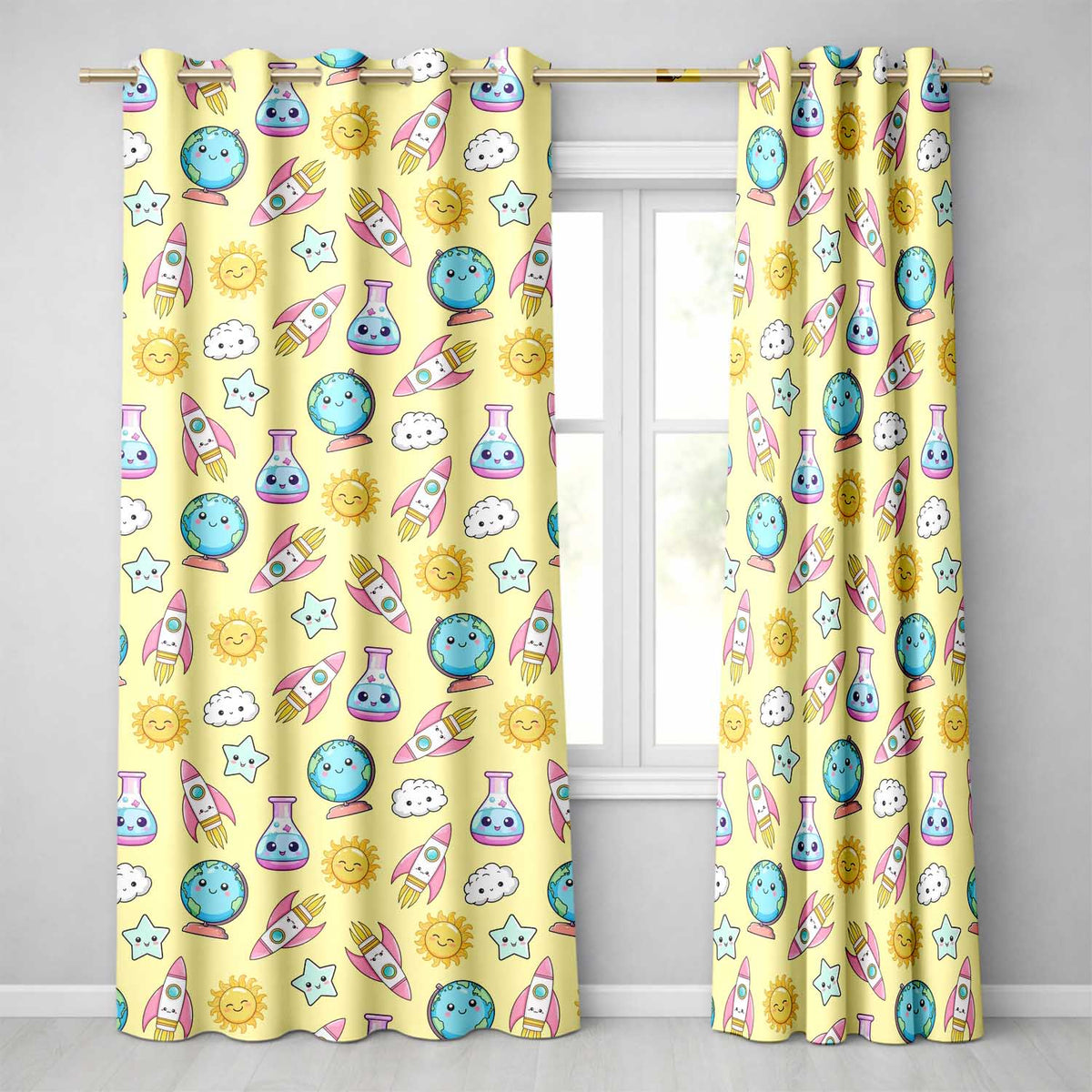 Cute Kawaii Space Rockets Planets Globes Suns Stars Yellow Seamless Pattern  Readymade Eyelet Ring Top Thermal 100% Blackout Curtains