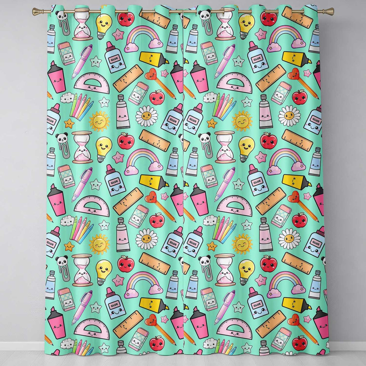 Cute Kawaii School Supplies Glue Ruler Rainbow Apple Green Seamless Pattern  Readymade Eyelet Ring Top Thermal 100% Blackout Curtains