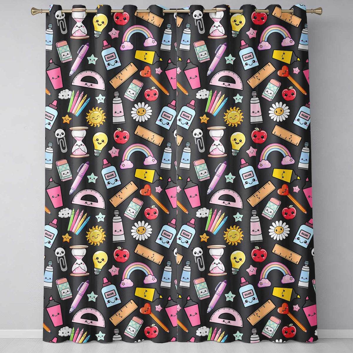 Cute Kawaii School Supplies Rainbow Apple Glue Pen Ruler Seamless Pattern  Readymade Eyelet Ring Top Thermal 100% Blackout Curtains