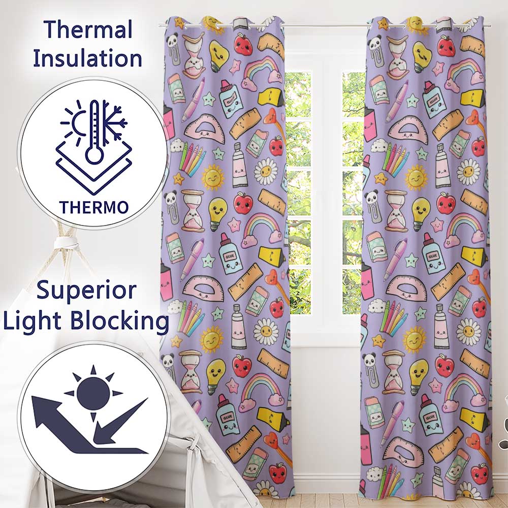 School Supplies Purple Background Rainbow Apple Glue Pen Ruler Seamless Pattern  Readymade Eyelet Ring Top Thermal 100% Blackout Curtains