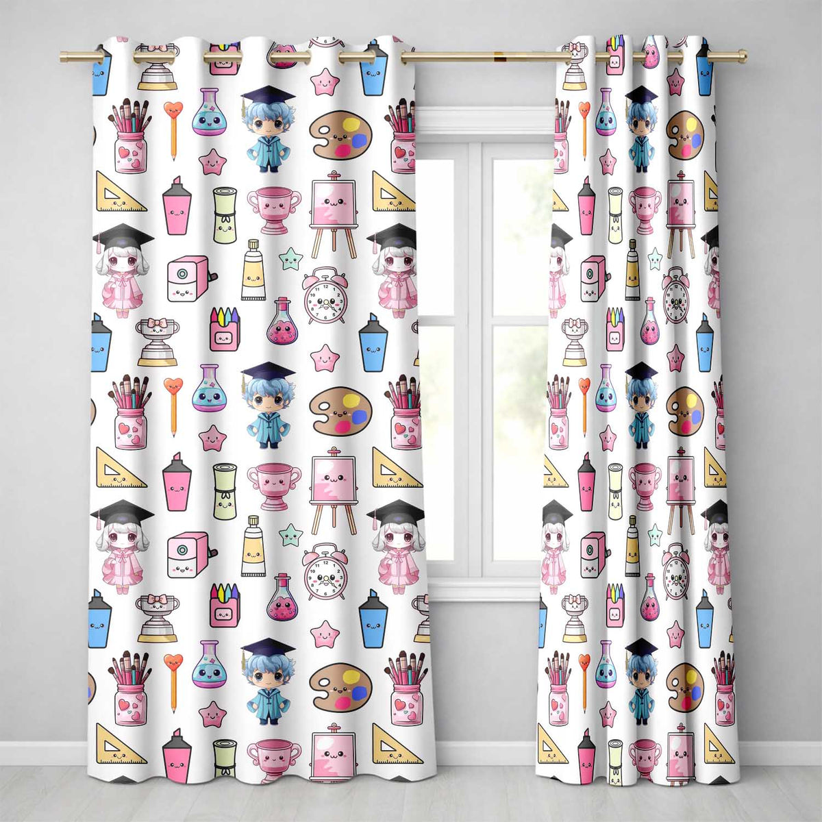 Cute Kawaii Graduation Theme Student Trophy Paint Palette Art Seamless Pattern  Readymade Eyelet Ring Top Thermal 100% Blackout Curtains