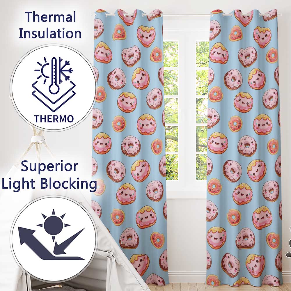 Cute Kawaii Donuts Sky Blue Frosted Sweet Dessert Seamless Pattern  Readymade Eyelet Ring Top Thermal 100% Blackout Curtains