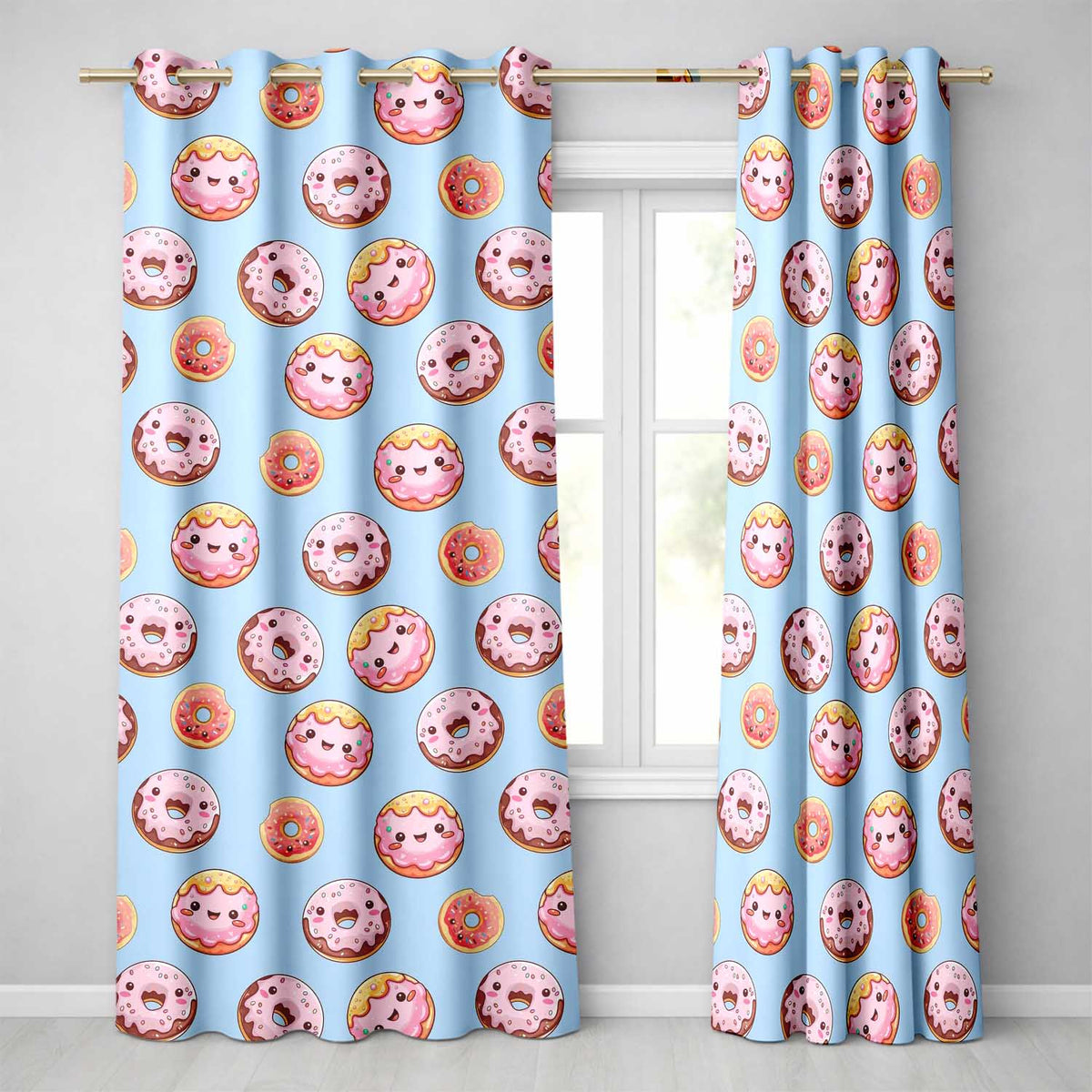 Cute Kawaii Donuts Sky Blue Frosted Sweet Dessert Seamless Pattern  Readymade Eyelet Ring Top Thermal 100% Blackout Curtains