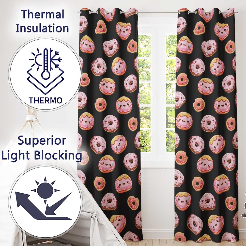 Cute Kawaii Donuts Black Background Sweet Dessert Seamless Pattern  Readymade Eyelet Ring Top Thermal 100% Blackout Curtains