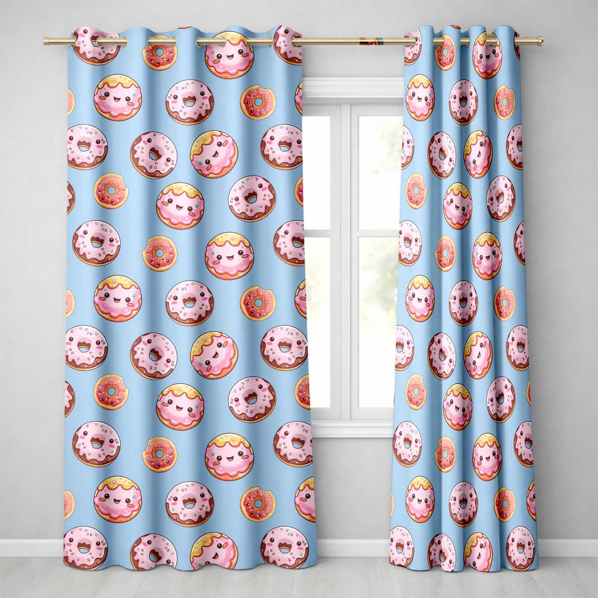 Cute Kawaii Donuts Blue Background Sweet Dessert Seamless Pattern  Readymade Eyelet Ring Top Thermal 100% Blackout Curtains