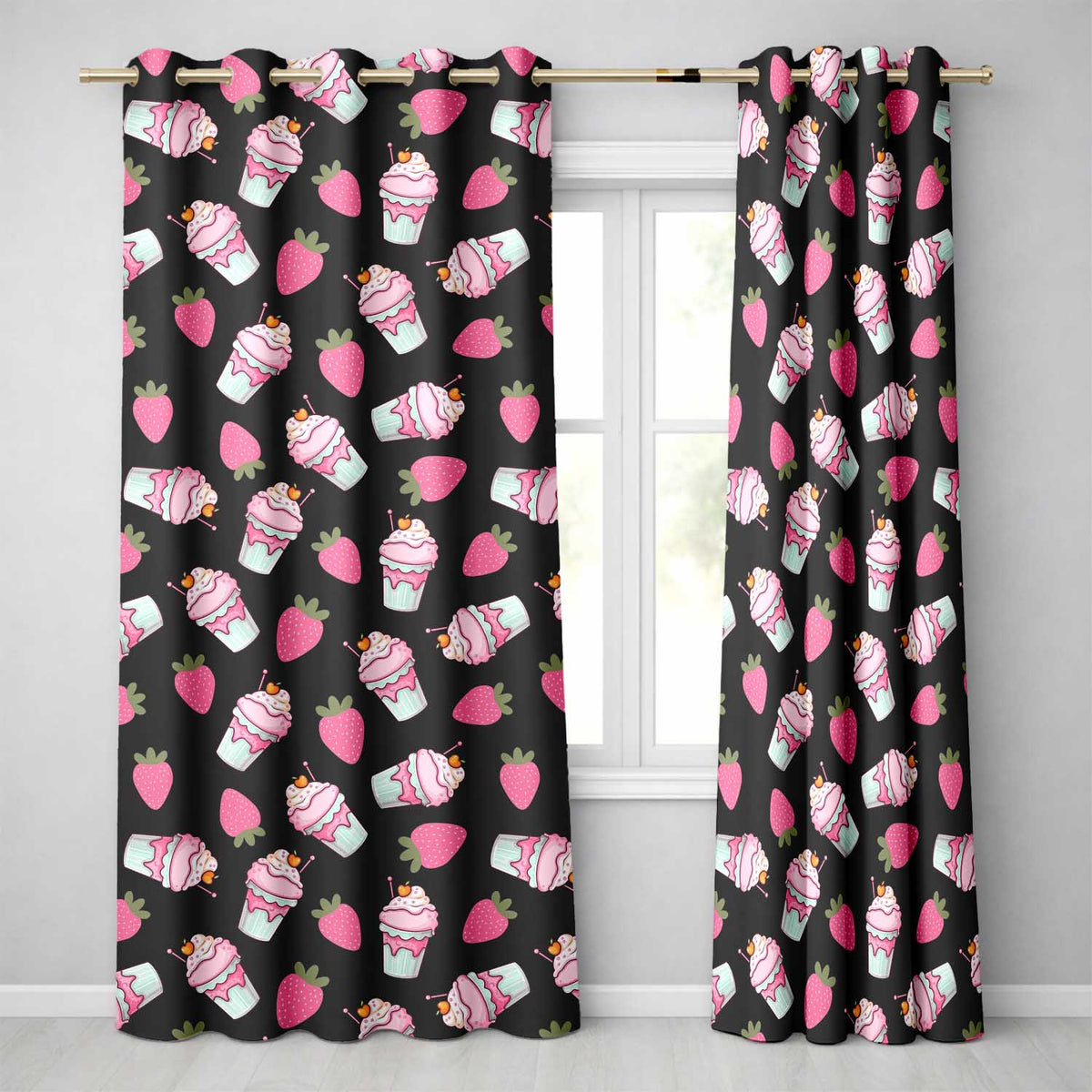 Cute Strawberry Milkshake Cupcake Black Background Seamless Pattern  Readymade Eyelet Ring Top Thermal 100% Blackout Curtains