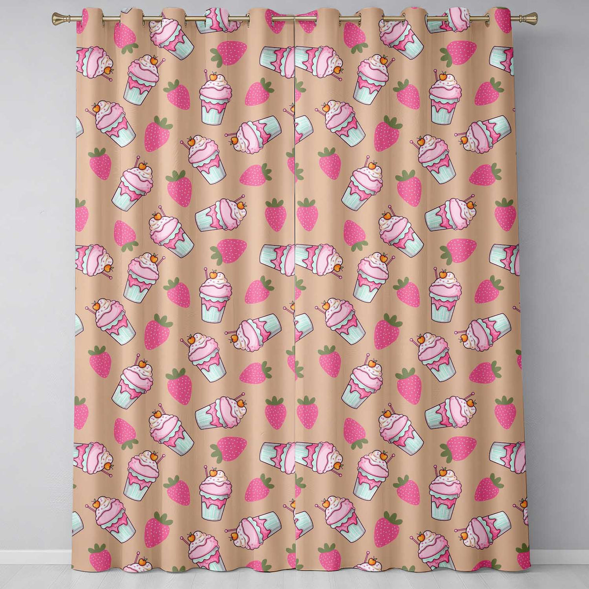 Cute Strawberry Milkshake Cupcake Peach Background Seamless Pattern  Readymade Eyelet Ring Top Thermal 100% Blackout Curtains