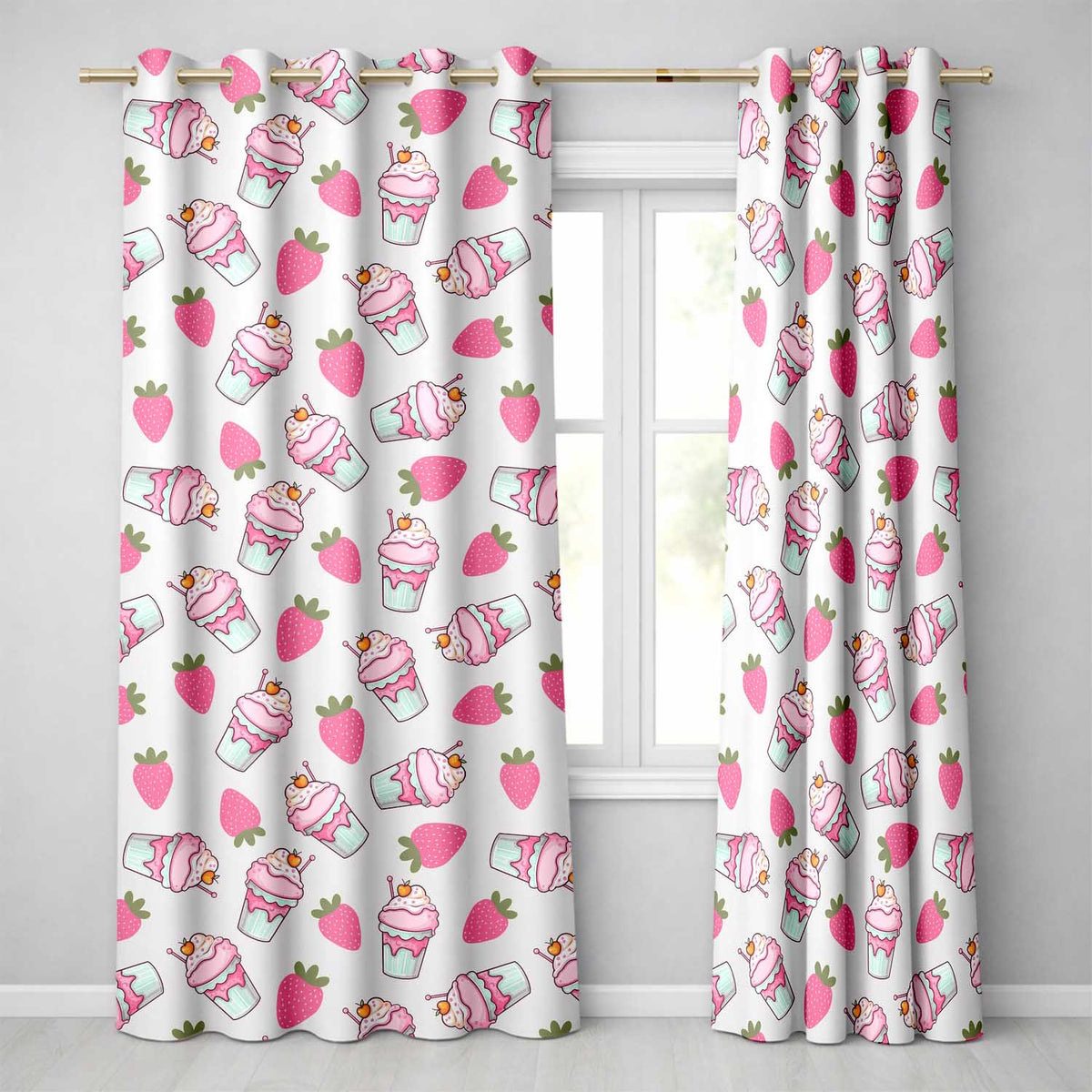 Cute Strawberry Milkshake Cupcake Cream Background Seamless Pattern  Readymade Eyelet Ring Top Thermal 100% Blackout Curtains