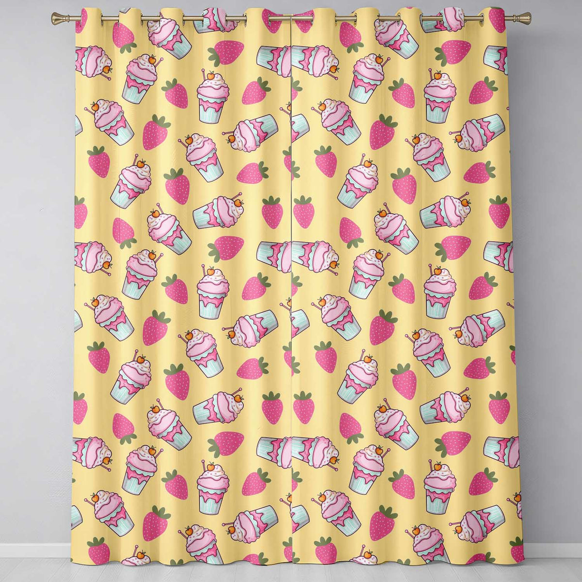 Cute Strawberry Milkshake Cupcake Yellow Background Seamless Pattern  Readymade Eyelet Ring Top Thermal 100% Blackout Curtains