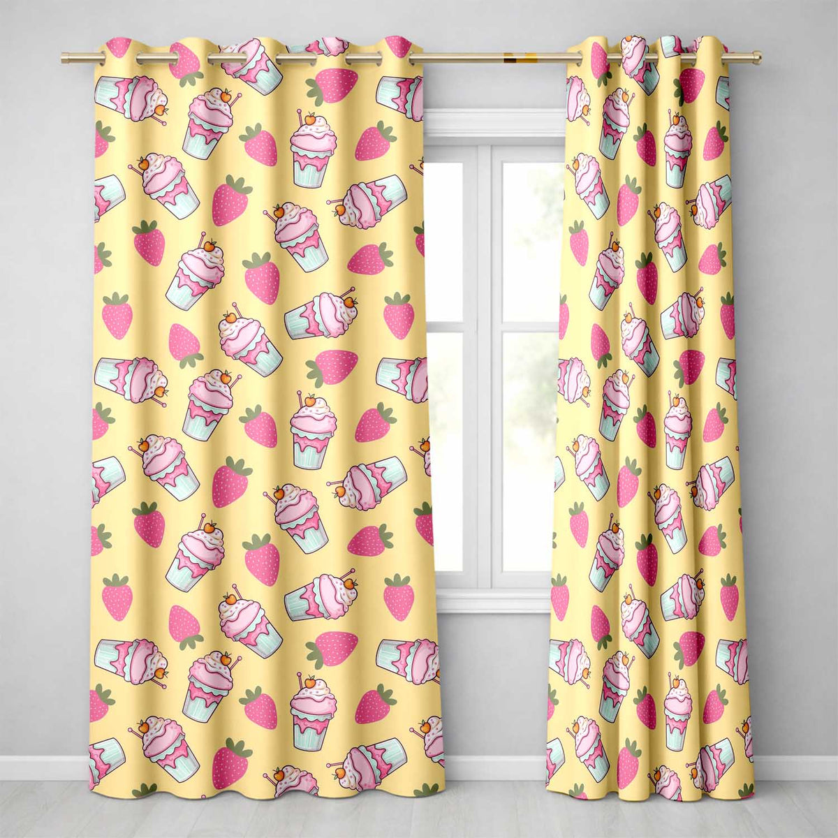 Cute Strawberry Milkshake Cupcake Yellow Background Seamless Pattern  Readymade Eyelet Ring Top Thermal 100% Blackout Curtains