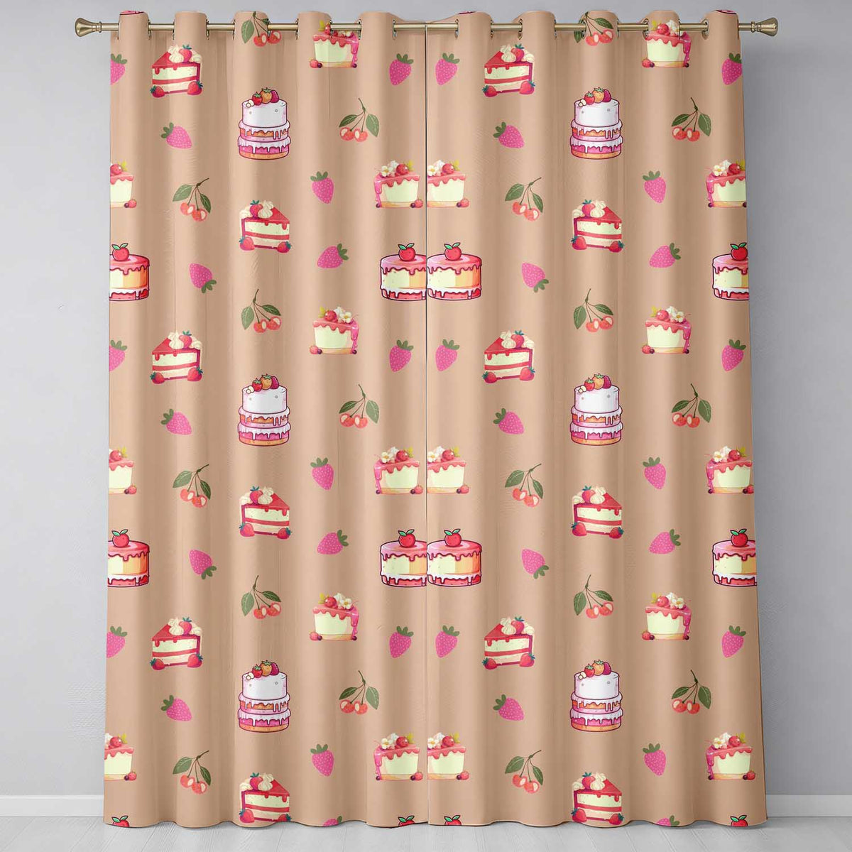 Cute Strawberry Cherry Cake Dessert Beige Background Seamless Pattern  Readymade Eyelet Ring Top Thermal 100% Blackout Curtains