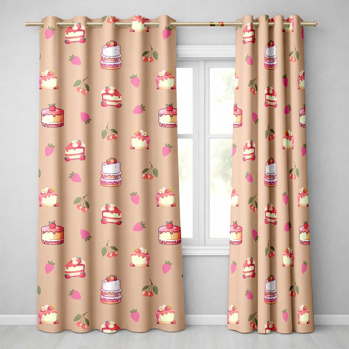 Cute Strawberry Cherry Cake Dessert Beige Background Seamless Pattern  Readymade Eyelet Ring Top Thermal 100% Blackout Curtains