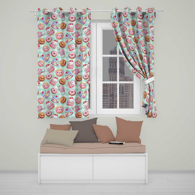 Cute Kawaii Donut Cake Dessert Mint Gingham Seamless Pattern  Readymade Eyelet Ring Top Thermal 100% Blackout Curtains