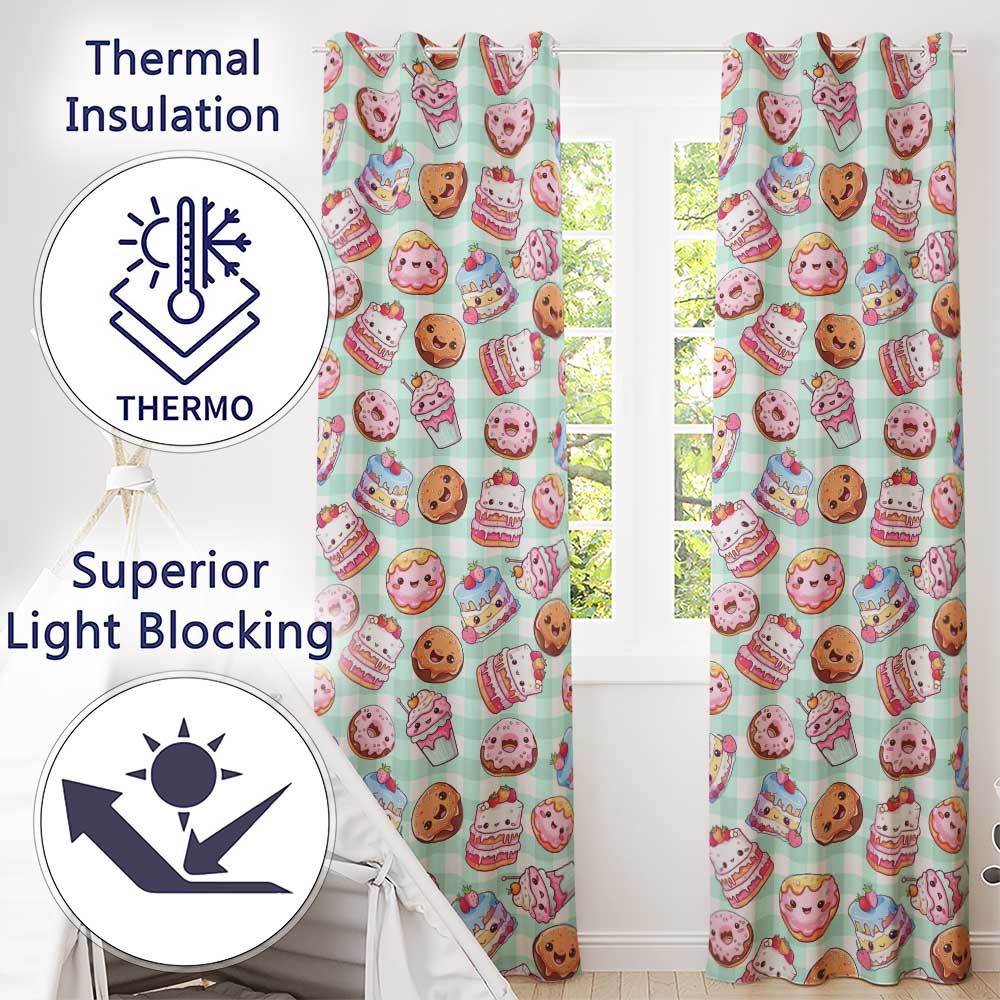 Cute Kawaii Donut Cake Dessert Mint Gingham Seamless Pattern  Readymade Eyelet Ring Top Thermal 100% Blackout Curtains