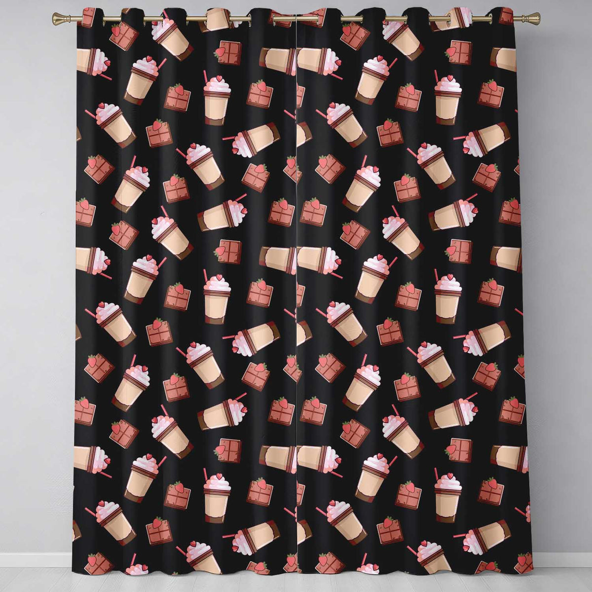Cute Chocolate Strawberry Milkshake Black Background Seamless Pattern  Readymade Eyelet Ring Top Thermal 100% Blackout Curtains