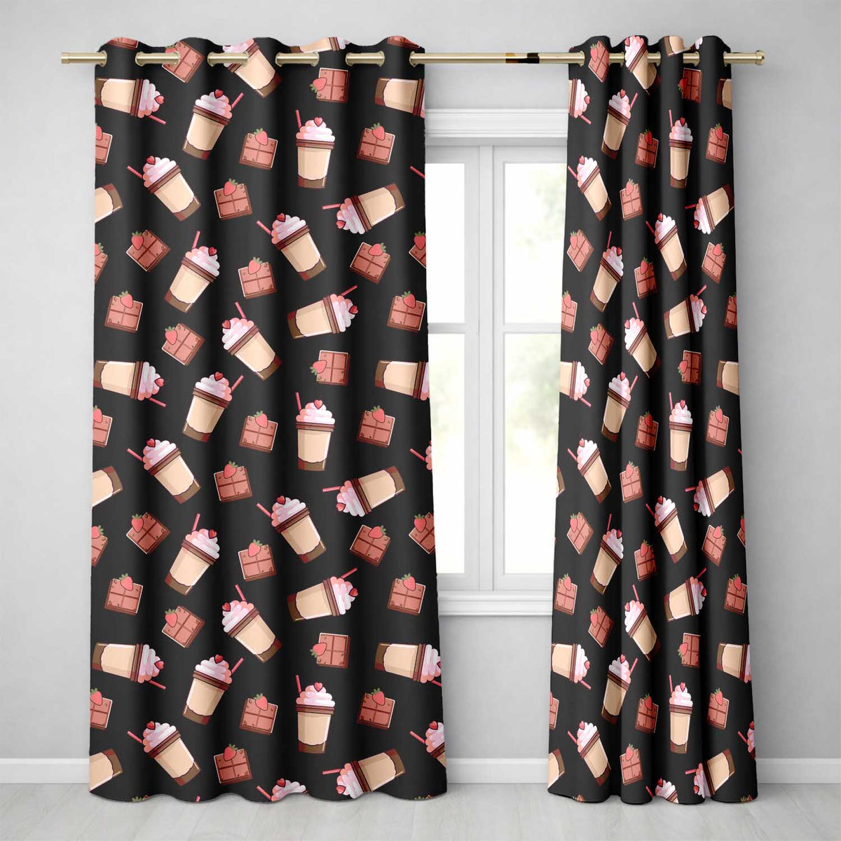 Cute Chocolate Strawberry Milkshake Black Background Seamless Pattern  Readymade Eyelet Ring Top Thermal 100% Blackout Curtains