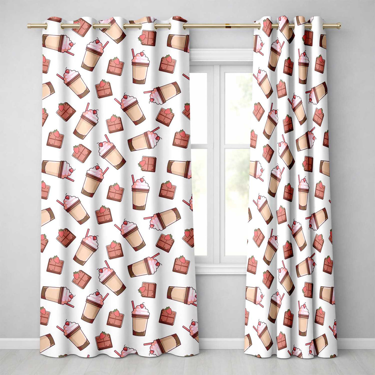 Cute Chocolate Strawberry Milkshake Light Grey Background Seamless Pattern  Readymade Eyelet Ring Top Thermal 100% Blackout Curtains