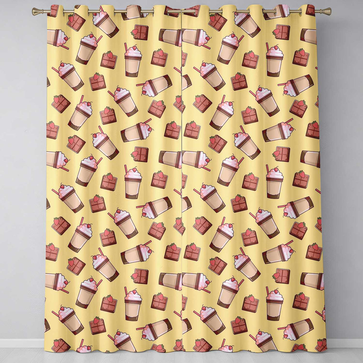 Cute Chocolate Strawberry Milkshake Yellow Background Seamless Pattern  Readymade Eyelet Ring Top Thermal 100% Blackout Curtains