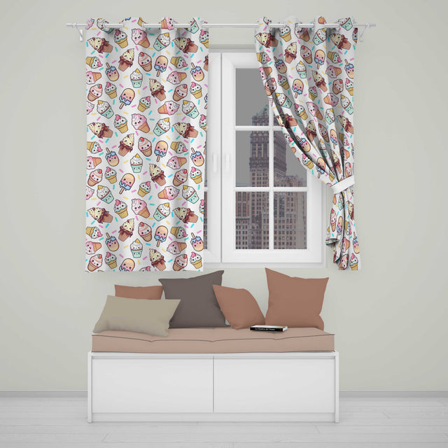 Cute Kawaii Ice Cream Desserts on Cream Background Seamless Pattern  Readymade Eyelet Ring Top Thermal 100% Blackout Curtains
