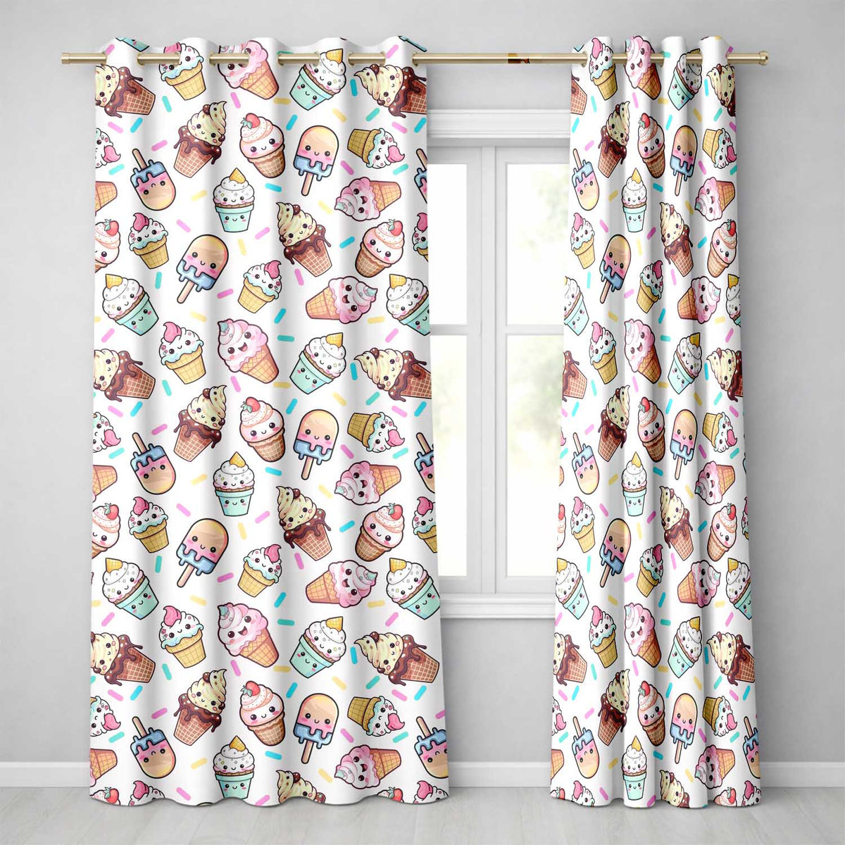 Cute Kawaii Ice Cream Desserts on Cream Background Seamless Pattern  Readymade Eyelet Ring Top Thermal 100% Blackout Curtains