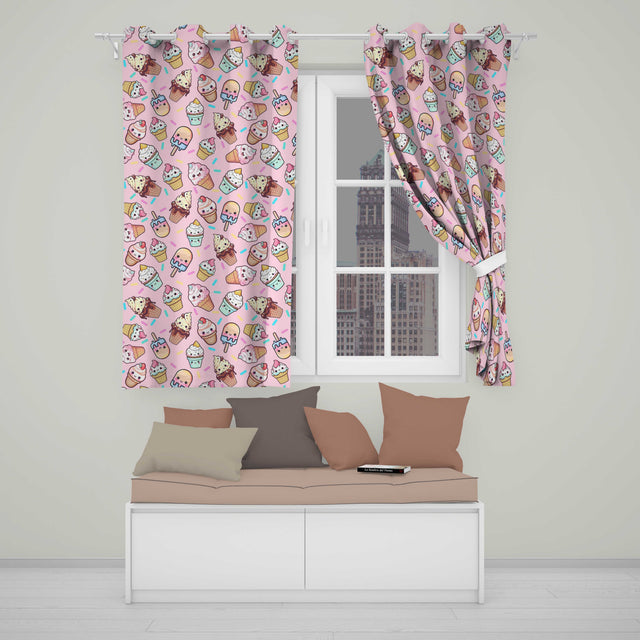 Cute Kawaii Ice Cream Desserts on Pink Background Seamless Pattern  Readymade Eyelet Ring Top Thermal 100% Blackout Curtains