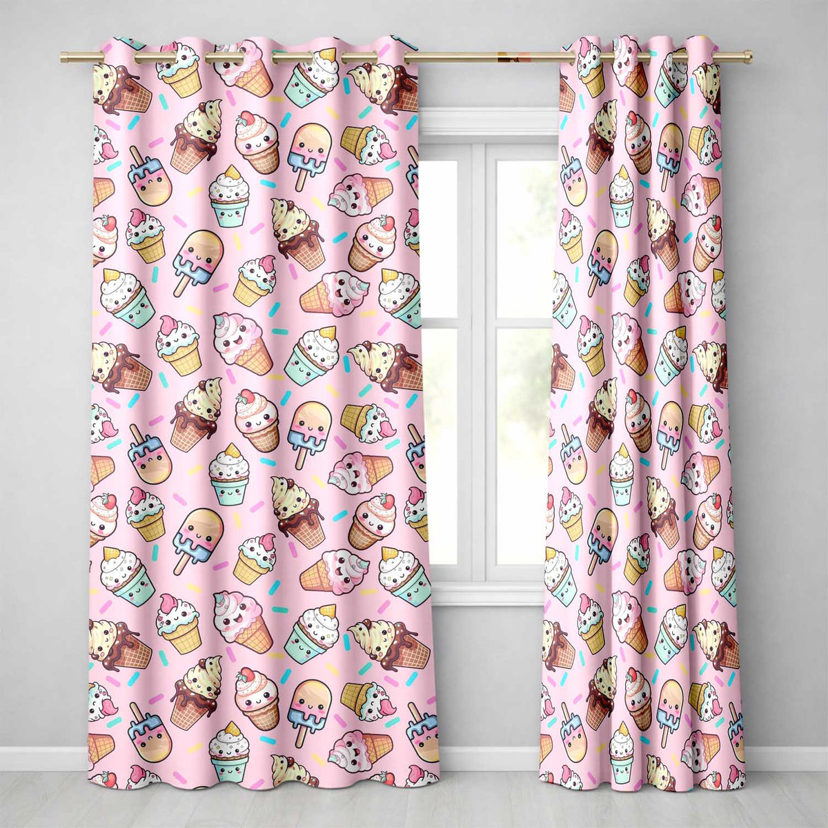 Cute Kawaii Ice Cream Desserts on Pink Background Seamless Pattern  Readymade Eyelet Ring Top Thermal 100% Blackout Curtains