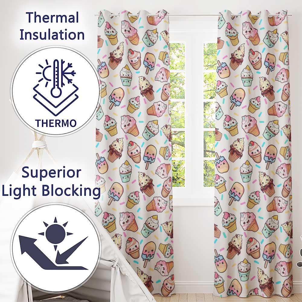 Cute Kawaii Ice Cream Desserts on Grey Background Seamless Pattern  Readymade Eyelet Ring Top Thermal 100% Blackout Curtains