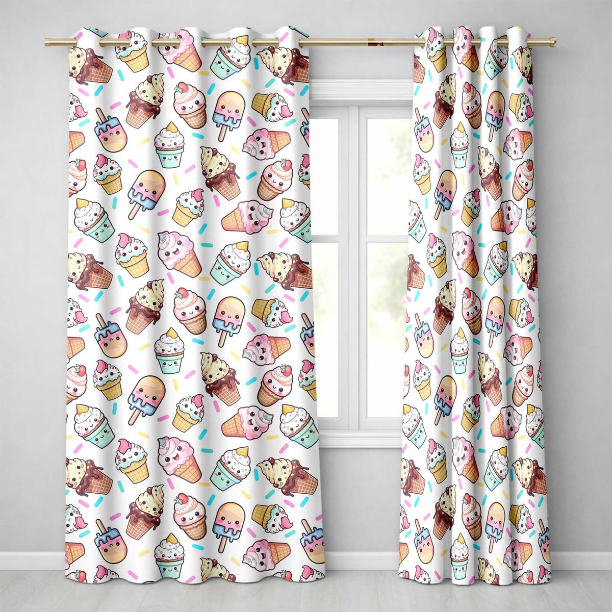 Cute Kawaii Ice Cream Desserts on Grey Background Seamless Pattern  Readymade Eyelet Ring Top Thermal 100% Blackout Curtains