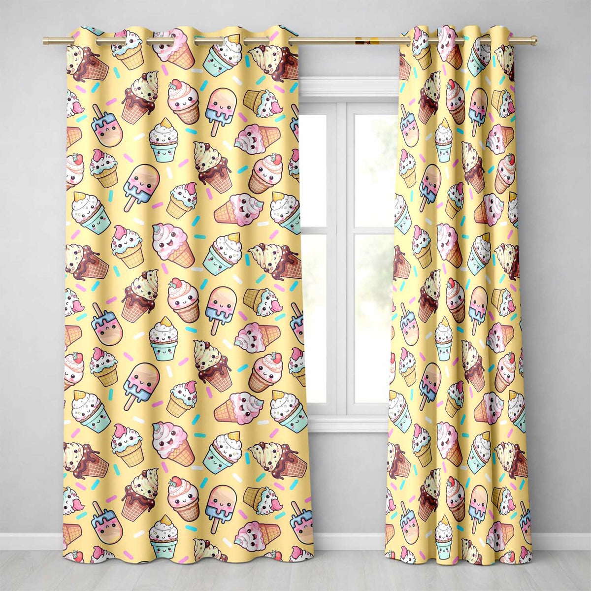Cute Kawaii Ice Cream Desserts on Yellow Background Seamless Pattern  Readymade Eyelet Ring Top Thermal 100% Blackout Curtains