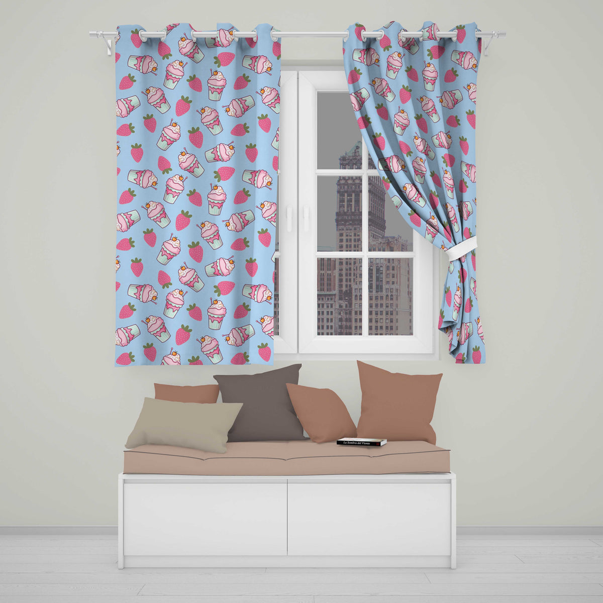 Cute Strawberry Cupcakes with Pink Frosting Blue Background Seamless Pattern  Readymade Eyelet Ring Top Thermal 100% Blackout Curtains