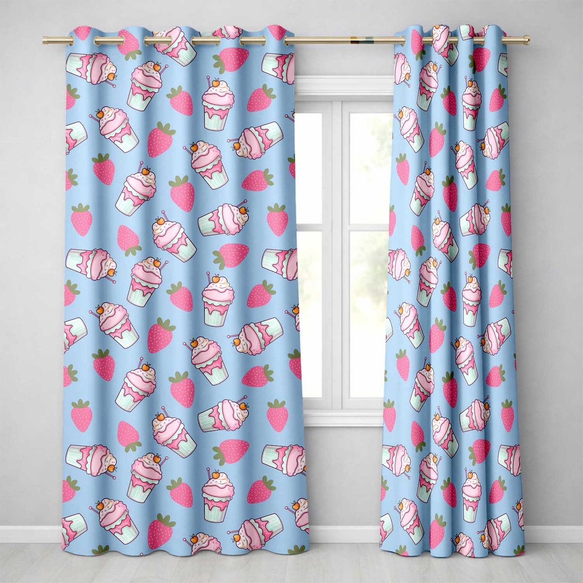 Cute Strawberry Cupcakes with Pink Frosting Blue Background Seamless Pattern  Readymade Eyelet Ring Top Thermal 100% Blackout Curtains
