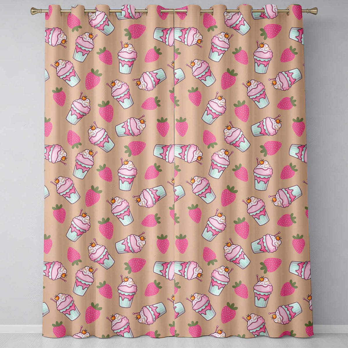 Cute Strawberry Cupcakes with Pink Frosting Beige Background Seamless Pattern  Readymade Eyelet Ring Top Thermal 100% Blackout Curtains