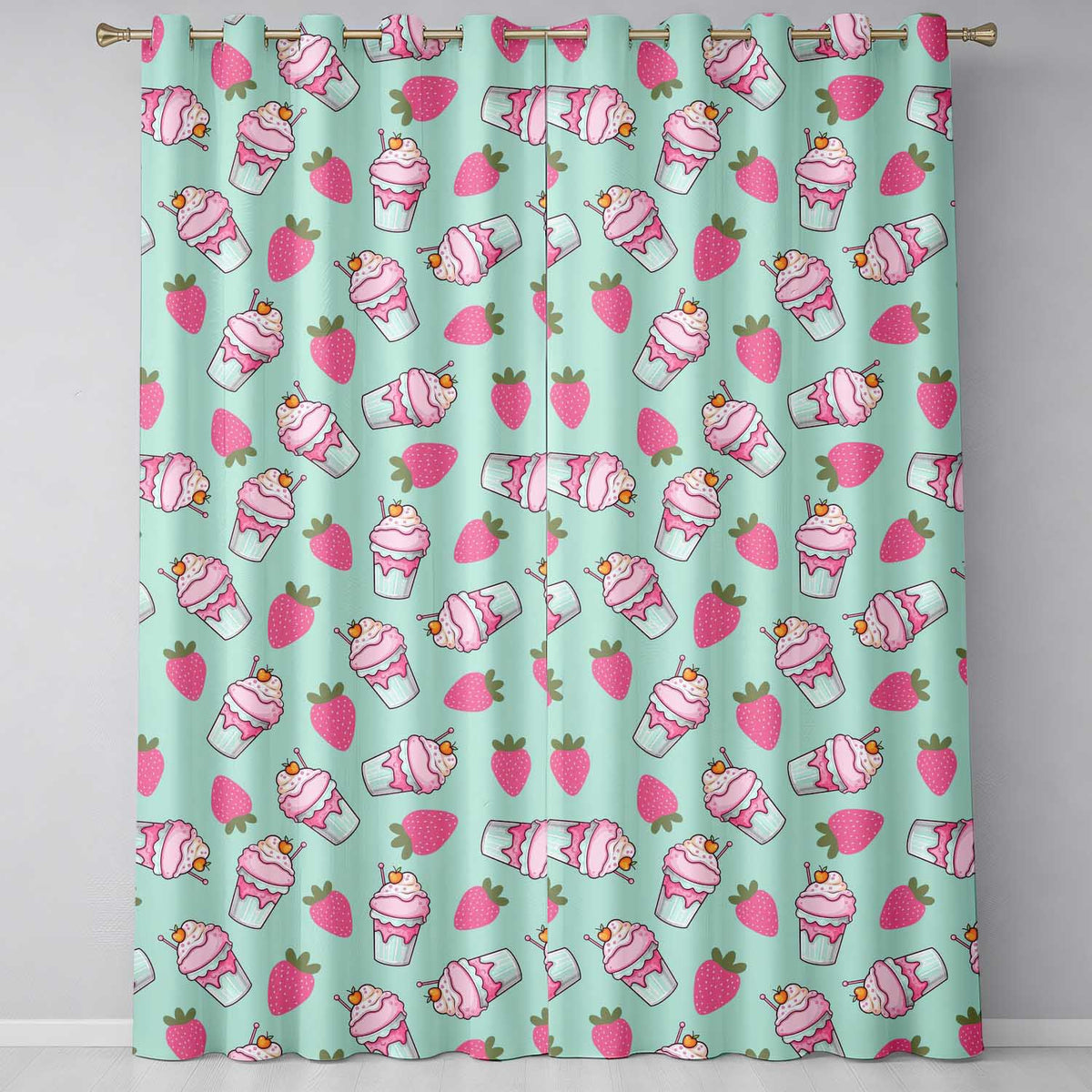 Cute Strawberry Cupcakes and Sweet Treats on Mint Background Seamless Pattern  Readymade Eyelet Ring Top Thermal 100% Blackout Curtains