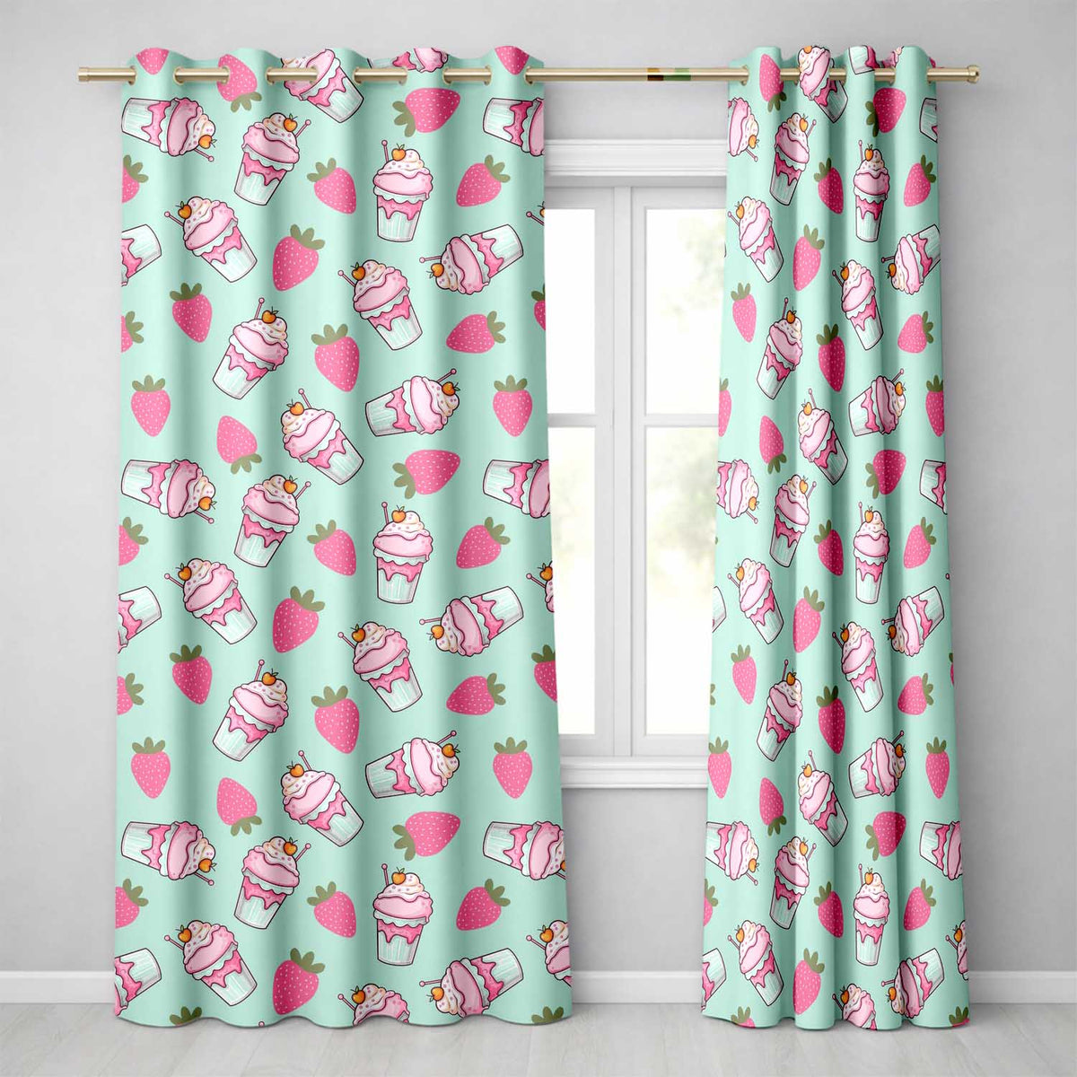 Cute Strawberry Cupcakes and Sweet Treats on Mint Background Seamless Pattern  Readymade Eyelet Ring Top Thermal 100% Blackout Curtains