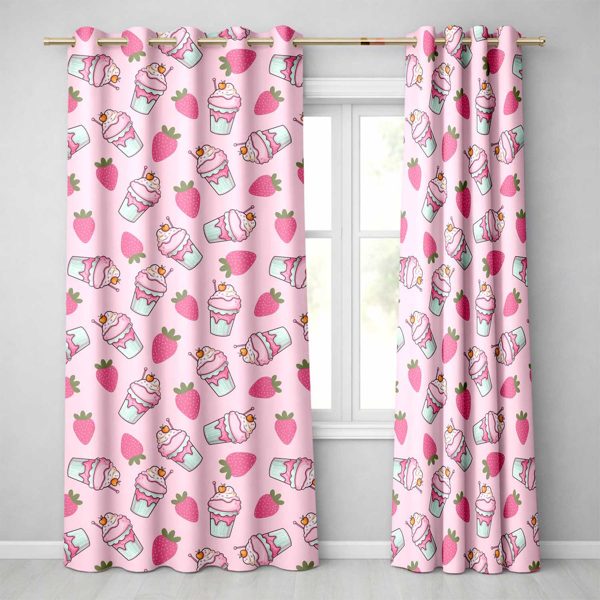 Strawberry Cupcakes and Sweet Treats on Blush Pink Background Seamless Pattern  Readymade Eyelet Ring Top Thermal 100% Blackout Curtains