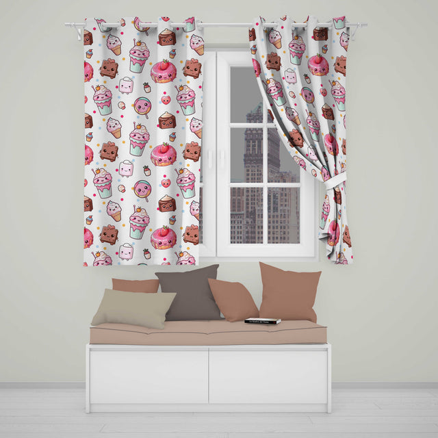 Kawaii Dessert and Donuts with Strawberry on Cream Background Seamless Pattern  Readymade Eyelet Ring Top Thermal 100% Blackout Curtains
