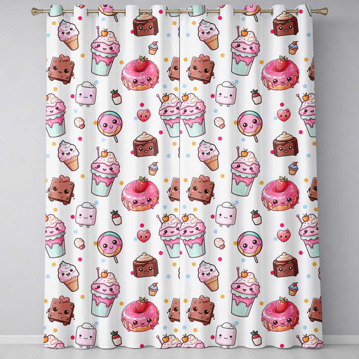 Kawaii Dessert and Donuts with Strawberry on Cream Background Seamless Pattern  Readymade Eyelet Ring Top Thermal 100% Blackout Curtains