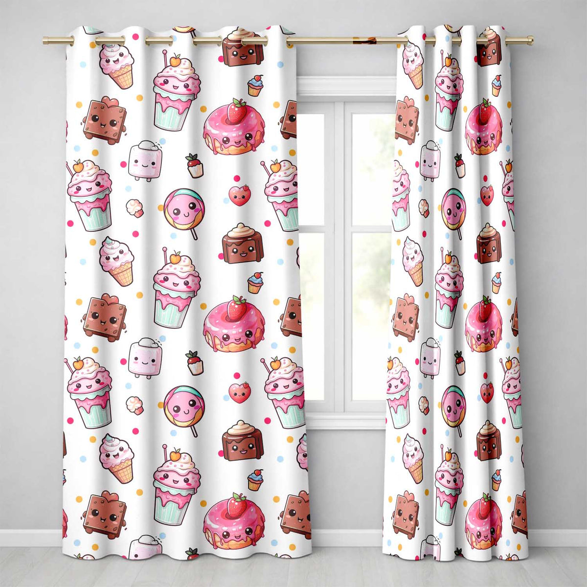 Kawaii Dessert and Donuts with Strawberry on Cream Background Seamless Pattern  Readymade Eyelet Ring Top Thermal 100% Blackout Curtains