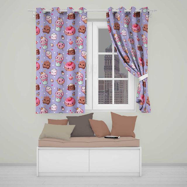 Kawaii Desserts Cupcake Donut and Sweets on Purple Background Seamless Pattern  Readymade Eyelet Ring Top Thermal 100% Blackout Curtains