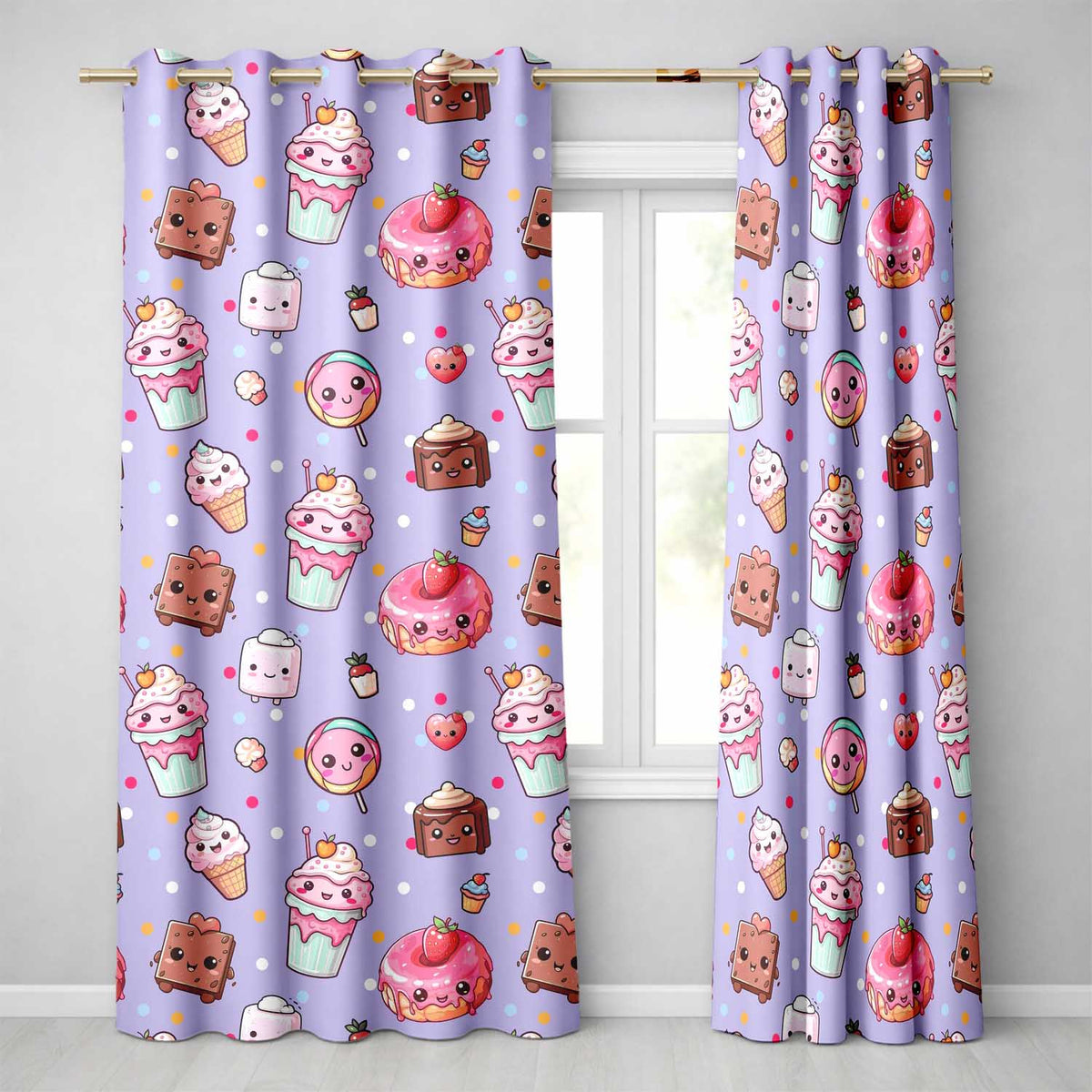 Kawaii Desserts Cupcake Donut and Sweets on Purple Background Seamless Pattern  Readymade Eyelet Ring Top Thermal 100% Blackout Curtains
