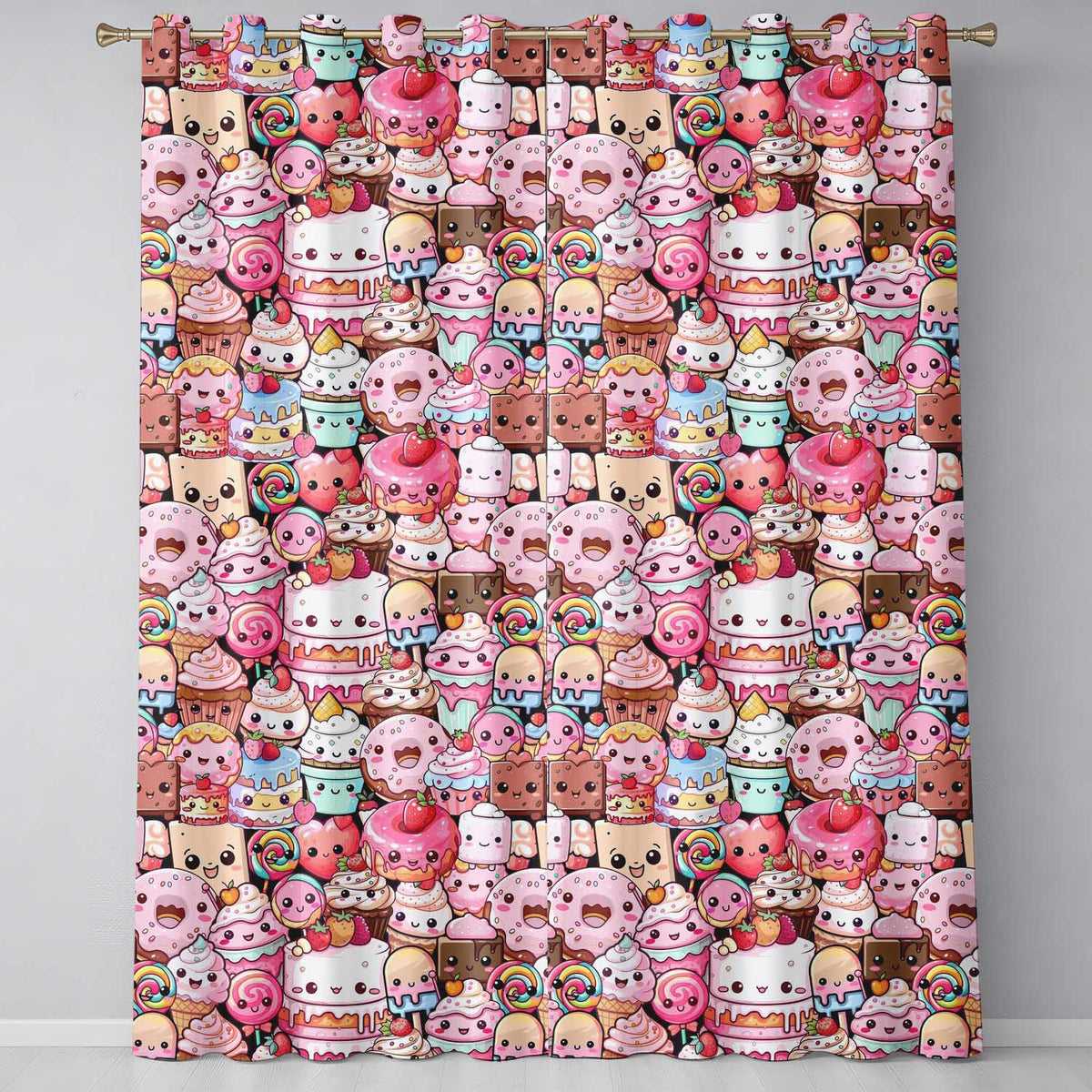 Kawaii Sweet Treats Cakes Donuts Candy and Cupcakes Collage Seamless Pattern  Readymade Eyelet Ring Top Thermal 100% Blackout Curtains