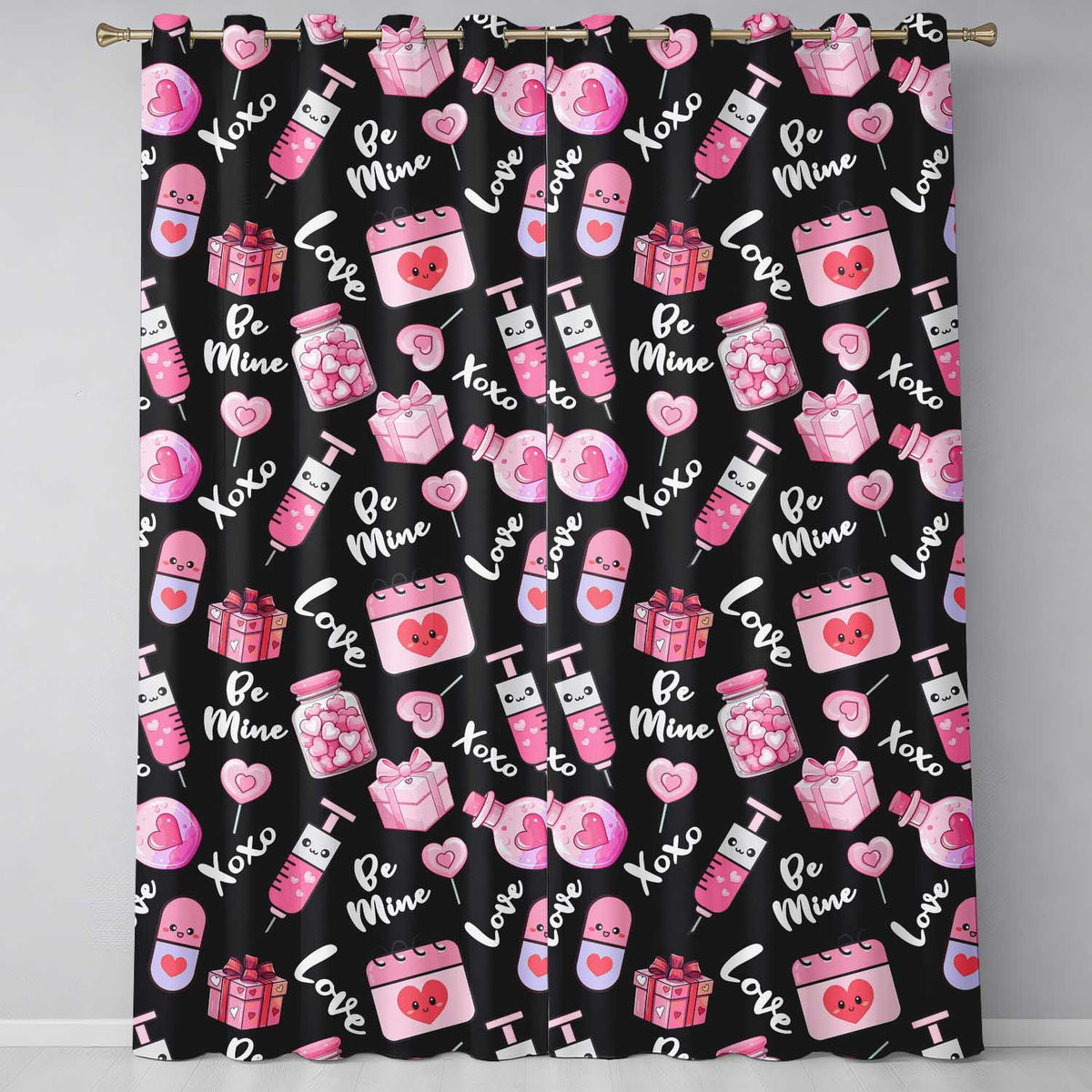Valentines Love Hearts Gifts Syringe Candy Black Background Seamless Pattern  Readymade Eyelet Ring Top Thermal 100% Blackout Curtains