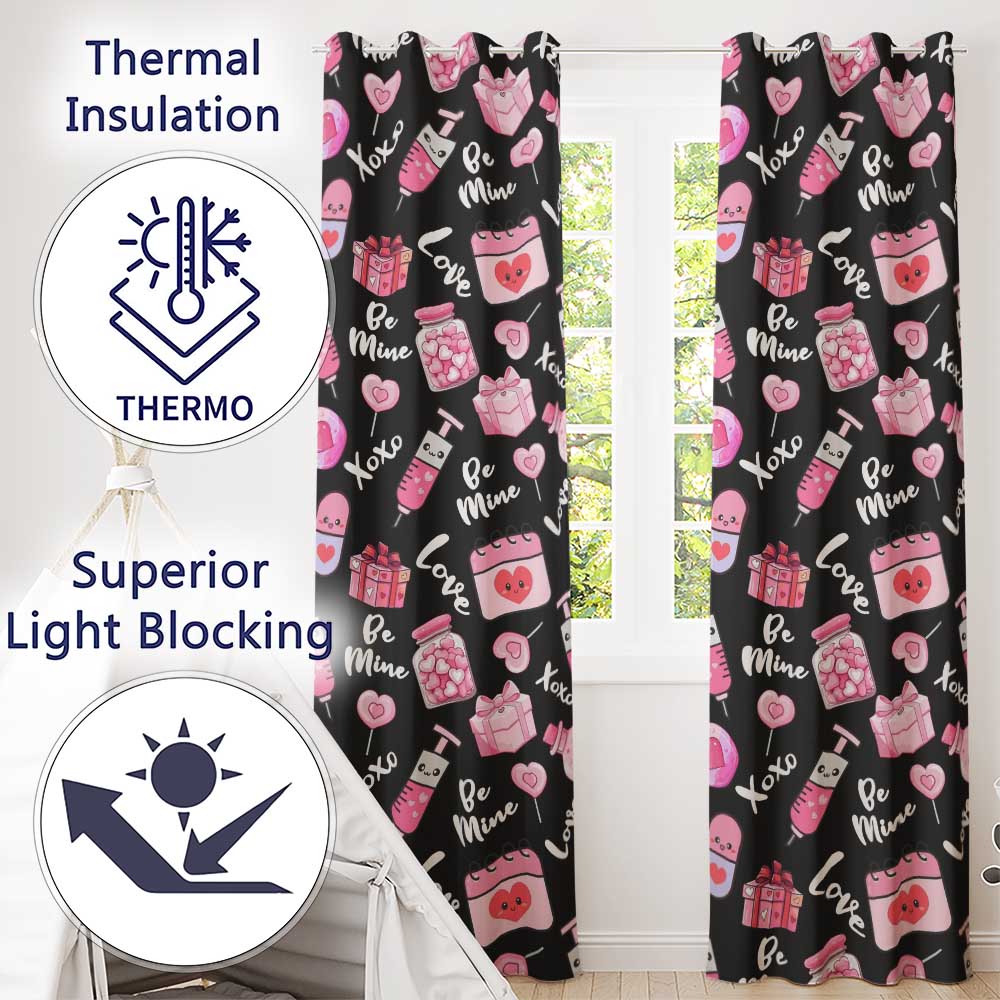 Valentines Love Hearts Gifts Syringe Candy Black Background Seamless Pattern  Readymade Eyelet Ring Top Thermal 100% Blackout Curtains