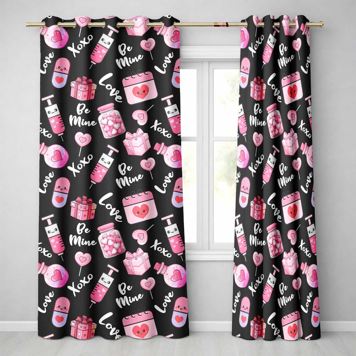 Valentines Love Hearts Gifts Syringe Candy Black Background Seamless Pattern  Readymade Eyelet Ring Top Thermal 100% Blackout Curtains