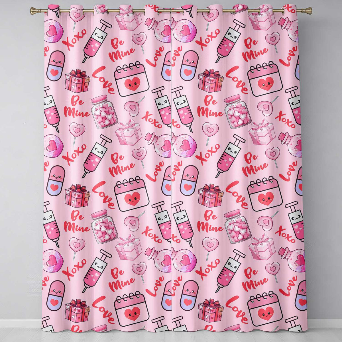 Valentines Love Hearts Gifts Syringe Candy Pink Background Seamless Pattern  Readymade Eyelet Ring Top Thermal 100% Blackout Curtains